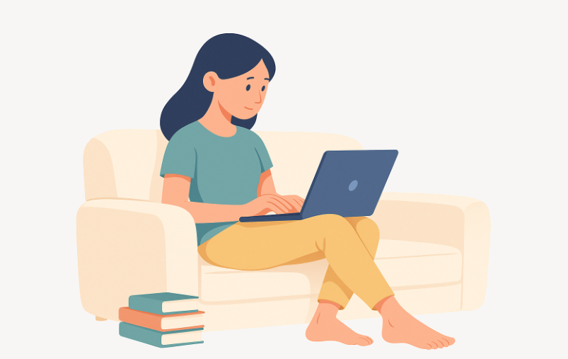 Trabalhando de casa como freelancer escrevendo textos sentado no sofá