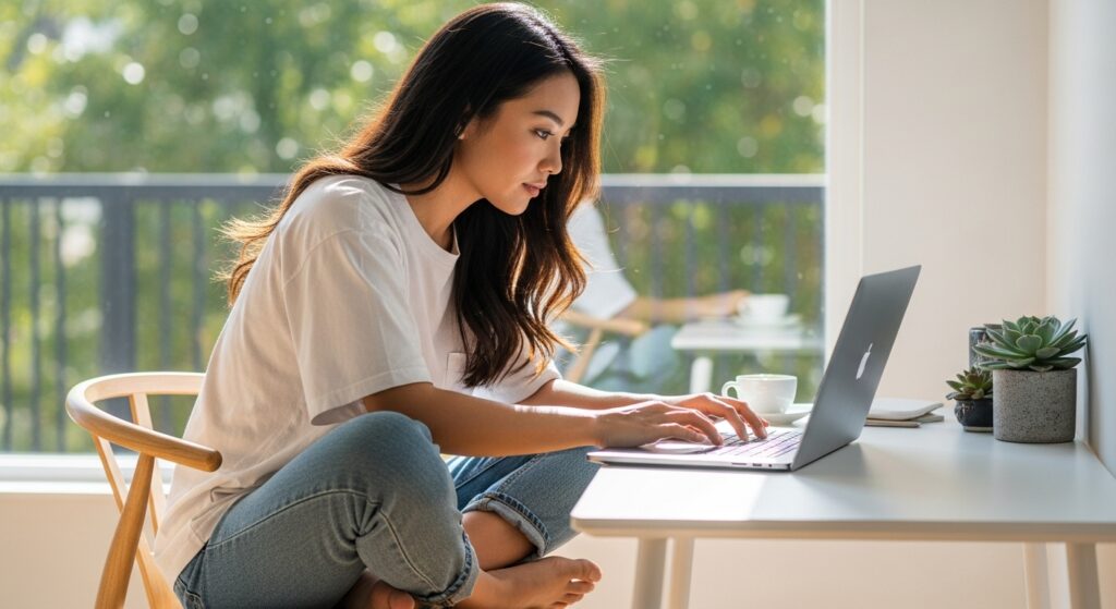 Mulher trabalhando home office escrevendo uma review