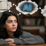 mulher jovem pensando se vai estudar inglês por AI, livros, ou video aulas
