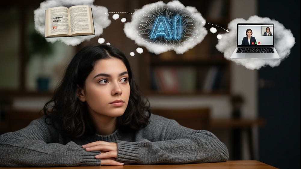 mulher jovem pensando se vai estudar inglês por AI, livros, ou video aulas